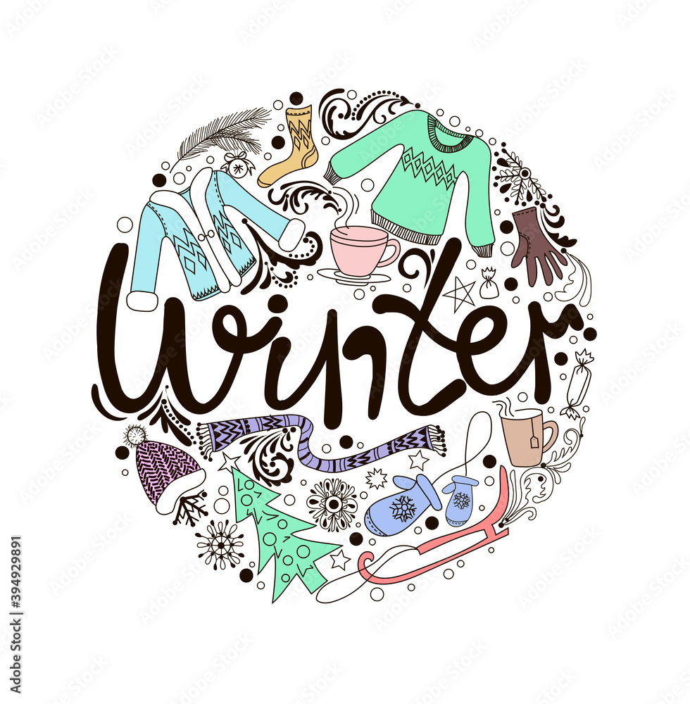 Lettering. The word winter is drawn in the form of a circle in black, next to it are a sweater, a cup of tea, a scarf, a sled, a hat, mittens, a sock, a glove, a snowflake, a monogram in pastel color
