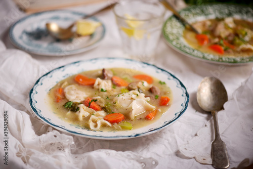 Warsaw pierogi soup.. Traditional Polish dish..style rustic.