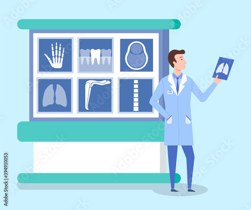 Male radiologist doctor wearing medical uniform watching a snapshot of a person s lungs in clinic room where various surveys of people are carried out. Doctors conduct examinations in hospital