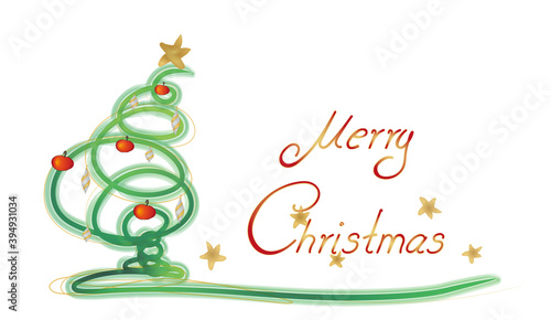 Dekorativer Weihnachtsbaum mit Christbaumschmuck und Text Merry Christmas auf wei  em Hintergrund.