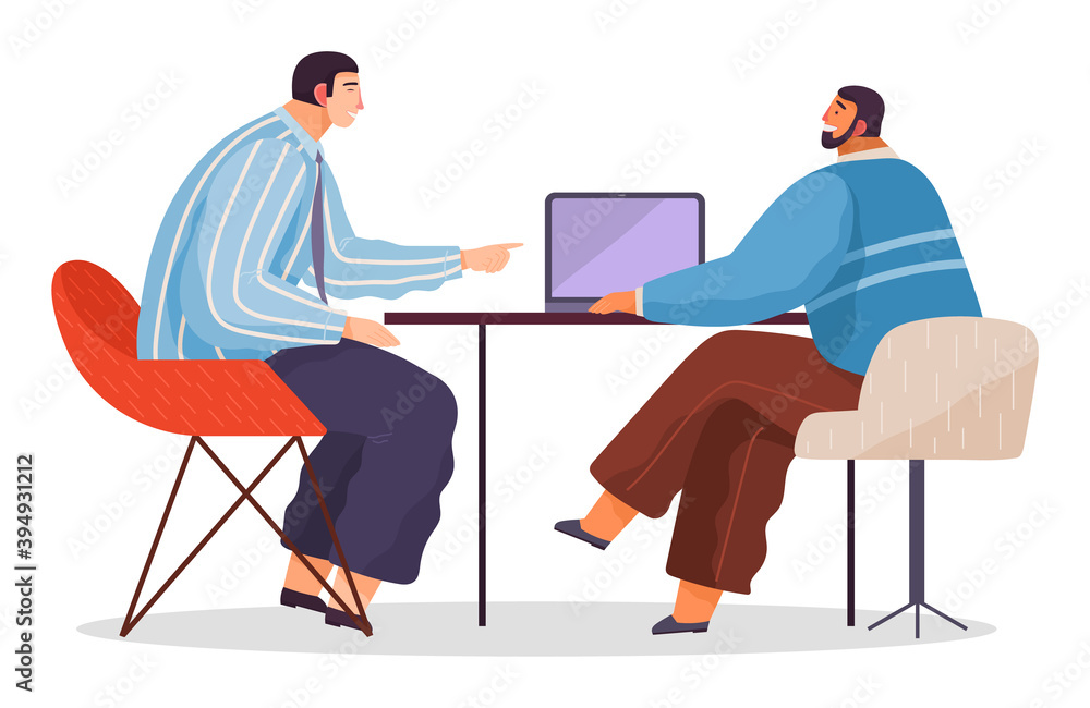 Working space, businessmen sitting at desk with laptop engaged in project management. Business partners meeting or working process. Male characters talking, communicating. Discussing cooperation Working space, businessmen sitting at desk with laptop engaged in project management. Business partners meeting or working process. Male characters talking, communicating. Discussing cooperation