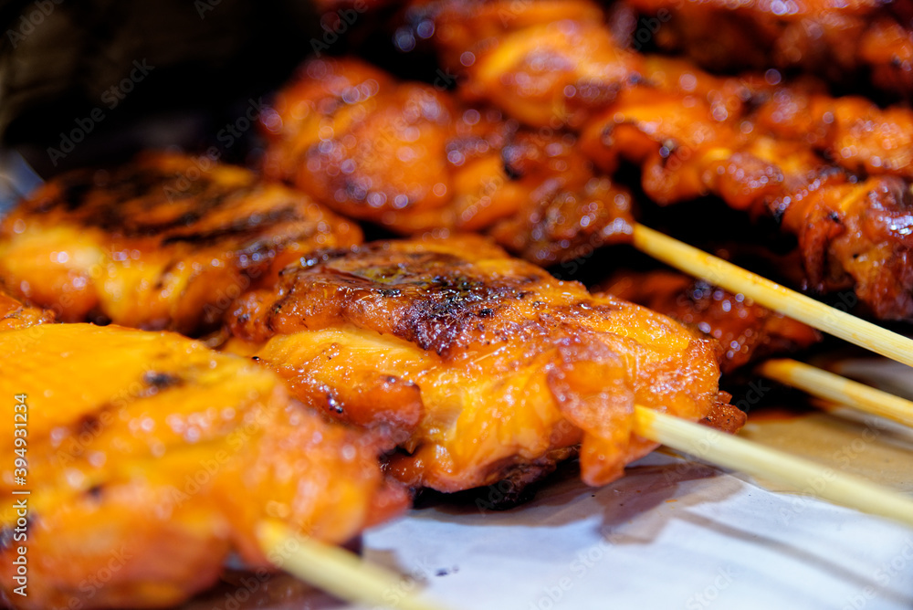 Close up of Sticky Asian Chicken Skewers