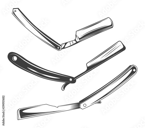 Straight razor icon set. Shaver tool with dangerous blade. Vintage flat shaving razor icon from hygiene collection isolated on white background. Personal hygiene item, hairdresser or barber shop tool