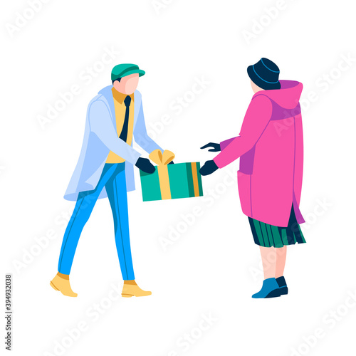 People exchanging gift boxes. Couple dressed in warm clothes celebrating winter holidays. Man and woman receiving and giving gifts. Merry Christmas and Happy New Year cartoon vector illustration
