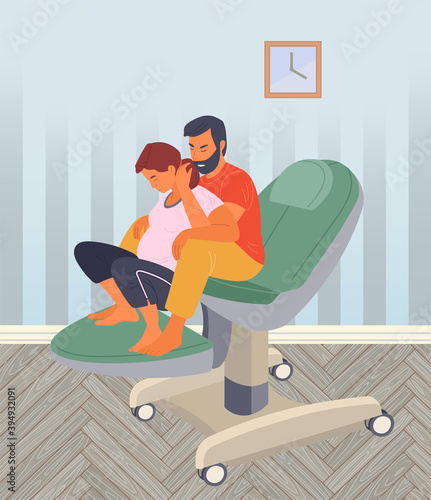 Pregnancy preparing, wife and husband make a position check on a medical chair. Exercising for pregnant woman, giving birth position or pose. Female character waiting for childbirth with caring man
