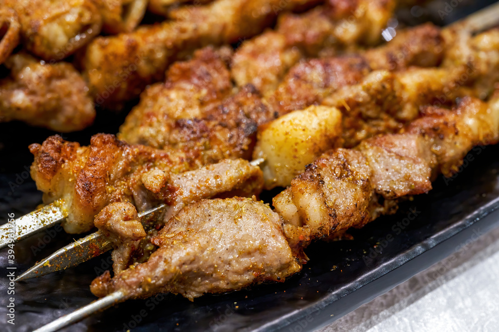 Close-up of tempting Xinjiang barbecue lamb skewers