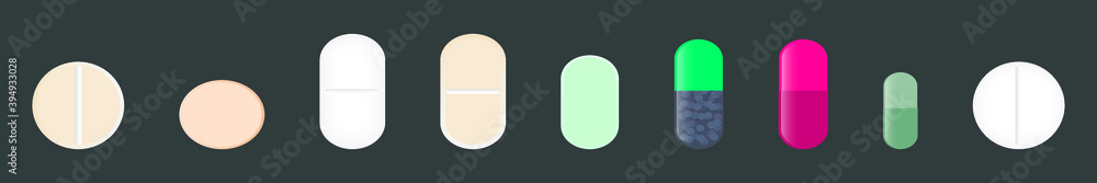 set of pills cartoon icon design template with various models. vector illustration isolated on dark background set of pills cartoon icon design template with various models. vector illustration isolated on dark background