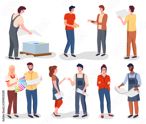 Professional man and woman designers or print house workers communicating, watching samples. Isolated on white background print house workers. Colleague employees typographer work with printing