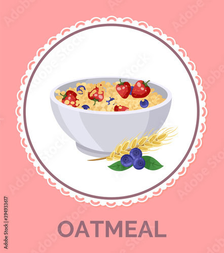Oatmeal with strawberry in white plate, illustration for design menus, recipes and packing. Healthy breakfast granola, muesli, cereal with nuts and fruits in the deep bowl with spikelet and blueberry