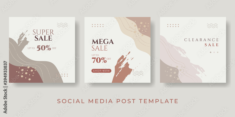 Fototapeta Social media stories and post creative Vector set. Background template with copy space for text and images design by abstract colored shapes, line arts , Tropical leaves warm color of the earth tone