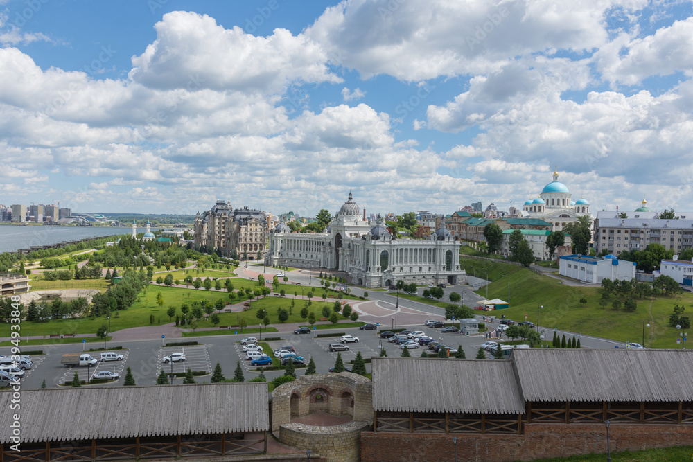 Kazan, panoramic view of the Park of Farmers and the Palace of Farmers, photo was taken on a sunny summer day