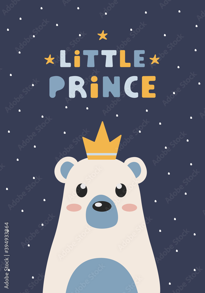 Vector illustration with cute bear and lettering Little Prince on blue background. Modern design for poster, print, card, textile, clothes