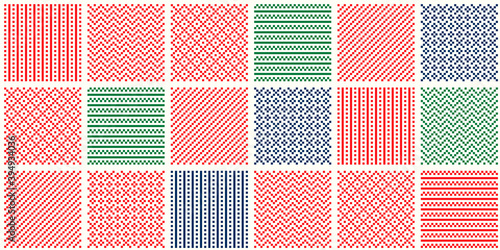 Abstract Checkered Pixel Patterns. Composition of 6 Christmas Holidays Ornaments. Scheme for Patchwork Quilt or Knitted Sweater Pattern Design .