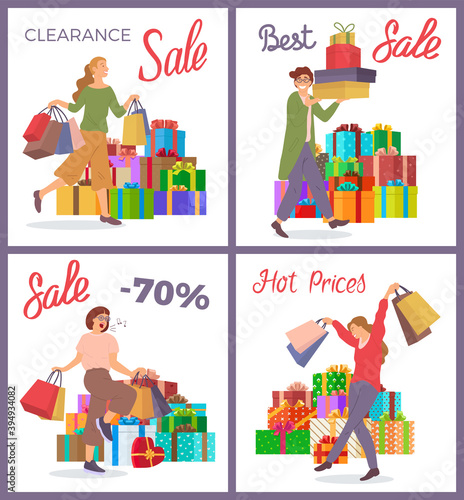 Set of illustrations on the theme of the holiday sale and hot prices. Happy people buy gifts for the holiday. The group with packages with purchases in their hands. Big boxes on the background