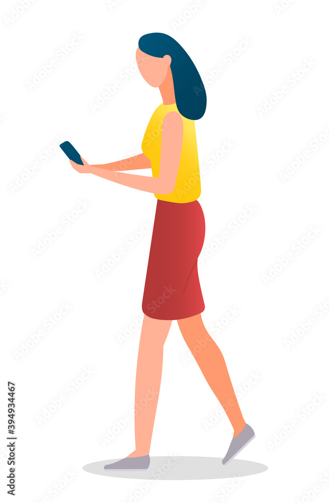 Young woman holding tablet pc or smartphone, electronic device with touch screen. Female character manager going side view holding e-book, device for internet surfing, typing on telephone screen