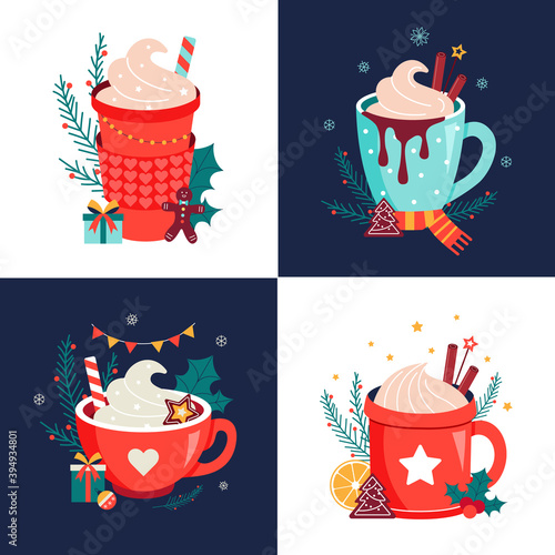 Hot christmas drinks chocolate mugs vector set