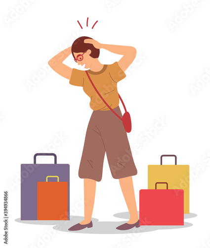 The girl is terrified. Young beautiful woman stands and looks in amazement at the bags with purchases. Sale advertising concept. Female character with packages on the floor on white background