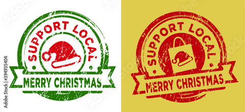 Support local with Merry Christmas greetings stamps. Grunge texture. Vector illustration.