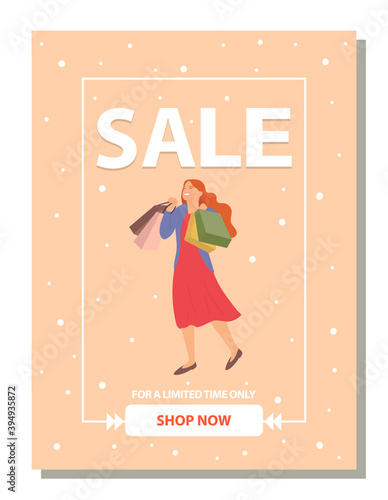 Limited-time store sale announcement. Woman with shopping bags on the photo is smiling happily. Young beautiful happy girl picks up multi-colored packages and rejoices on the postcard cover