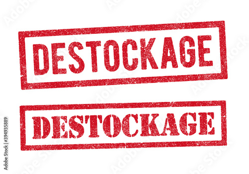 Le mot Destockage en tampons encreurs rouge dans deux styles differents