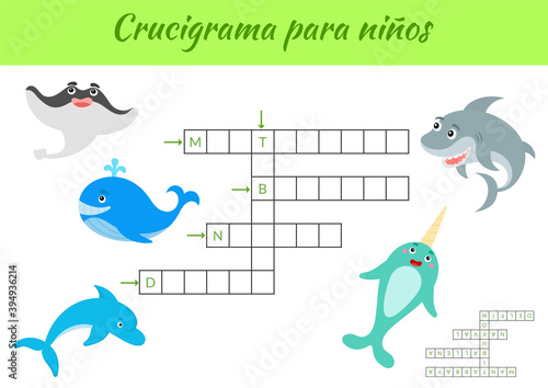 Crucigrama para niños - Crossword for kids. Crossword game with pictures. Kids activity worksheet colorful printable version. Educational game for study Spanish words. Vector stock illustration.