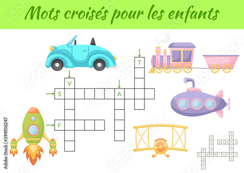Mots croisés pour les enfants Crossword for kids. Crossword game with pictures. Kids activity worksheet colorful printable version. Educational game for study French words. Vector stock illustration.