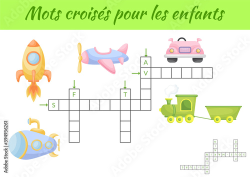 Mots croisés pour les enfants Crossword for kids. Crossword game with pictures. Kids activity worksheet colorful printable version. Educational game for study French words. Vector stock illustration.