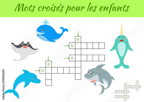 Mots croisés pour les enfants Crossword for kids. Crossword game with pictures. Kids activity worksheet colorful printable version. Educational game for study French words. Vector stock illustration.