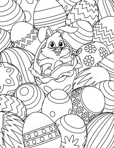 An Easter eggs cartoon coloring book black and white outline page background with a cute Easter Bunny breaking out of one