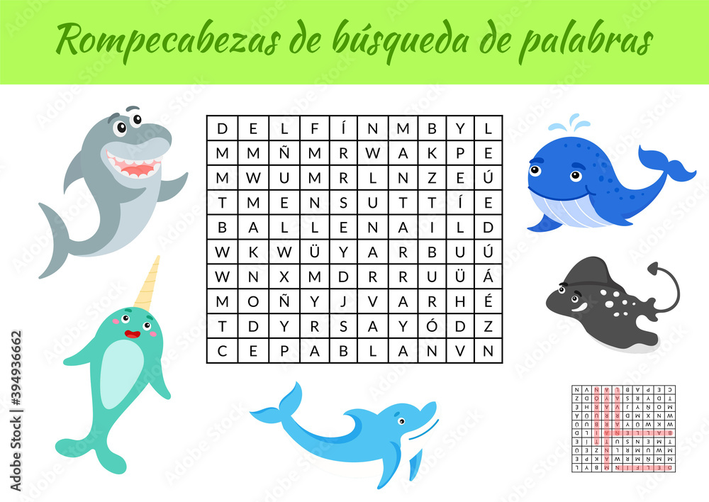 rompecabezas de busqueda de palabras word search puzzle educational game for study spanish words kids activity worksheet colorful printable version with answers vector stock illustration stock vector adobe stock