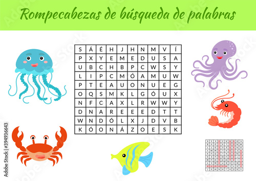 Rompecabezas de búsqueda de palabras - Word search puzzle. Educational game for study Spanish words. Kids activity worksheet colorful printable version with answers. Vector stock illustration