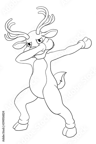 A Christmas Santas reindeer cartoon character dabbing or doing a fun dab dance. In black and white outline like a coloring book page.