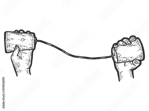 Cup and string phone. Engraving vector illustration. Sketch