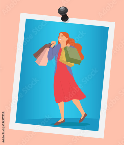 Woman with shopping bags on the photo is smiling happily. Young beautiful happy girl picks up multi-colored packages and rejoices. Female character with packages in her hands on blue background