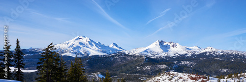 Early spring panorama of the Three Sisters and Broken Top Mountains in Central Oregon.