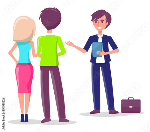 Salesman smiling man holding tablet pc talking to customers married couple came to the salon for a purchase. Seller explains to buyers the favorable terms of transaction, buying a car or real estate