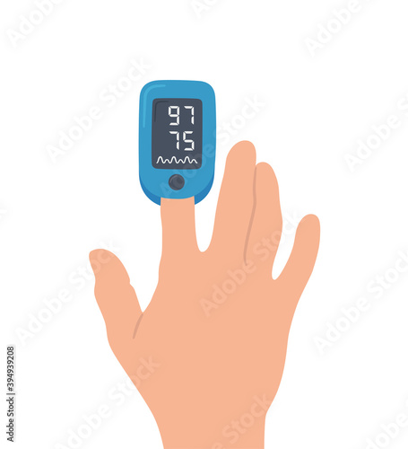 Pulse Oximeter on finger. Digital device to measure oxygen saturation. Isolated vector illustration on white background