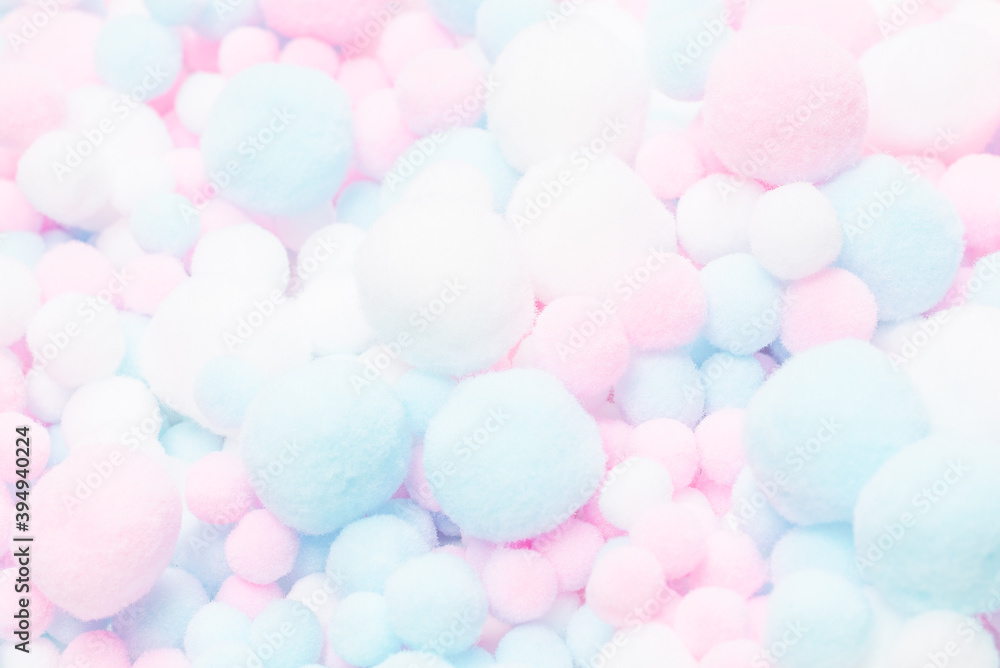 White, pink and blue soft pompons. White, pink and blue soft pompons.
