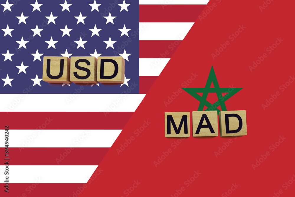 American and Moroccan currencies codes on national flags background American and Moroccan currencies codes on national flags background