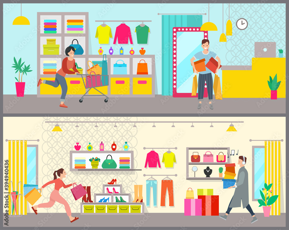 Obraz premium People are shopping in a boutique. Young handsome guy with colorful boxes. Woman with bags in the shopping cart. Male character with headphones is going with boxes. Girl running after purchases