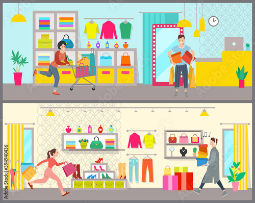 People are shopping in a boutique. Young handsome guy with colorful boxes. Woman with bags in the shopping cart. Male character with headphones is going with boxes. Girl running after purchases