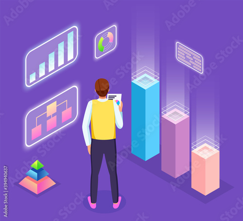 Infographics, analysis visual graphics, pyramid chart, man worker with document in hand, looking at statistics, growing graphs, analysing info, digital marketing, report, financial audit, seo