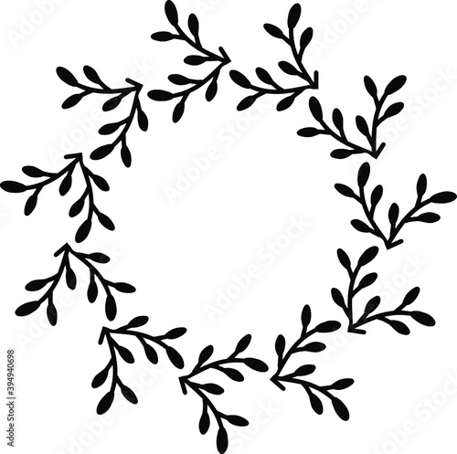 Black floral hand-drawn brushes border round frame, element in doodle style on white background. Berry christmas olive tree New Year vector illustration for wedding invitation textile greeting card © Anastasiia