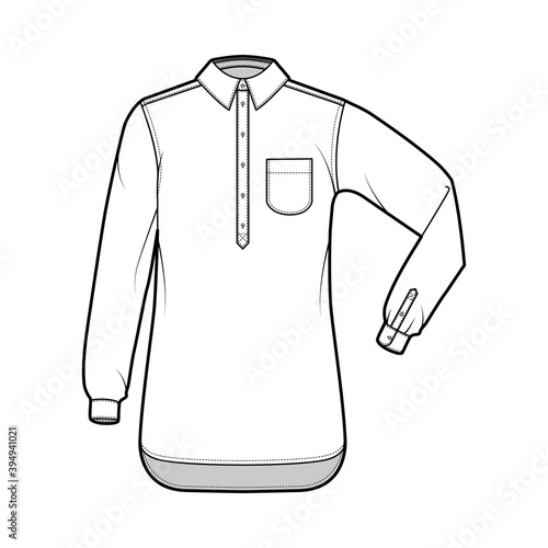 Shirt pullover technical fashion illustration with rounded pocket, elbow fold long sleeve, oversized, half placket button down. Flat template front, white color. Women men top CAD mockup