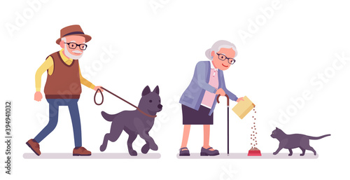 Old people, elderly man, woman walking with dog, feeding cat. Senior citizens, retired grandparents, old-age pensioners with pets. Vector flat style cartoon illustration isolated on white background