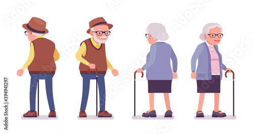 Old people, elderly man, woman with walking cane. Senior citizens, retired grandparents, old-age pensioners with disabilities. Vector flat style cartoon illustration isolated on white background