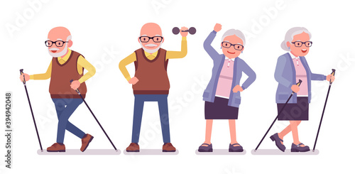 Old people, active elderly man, woman with nordic walking poles. Sporty senior citizens, retired grandparents, old-age pensioners. Vector flat style cartoon illustration isolated on white background