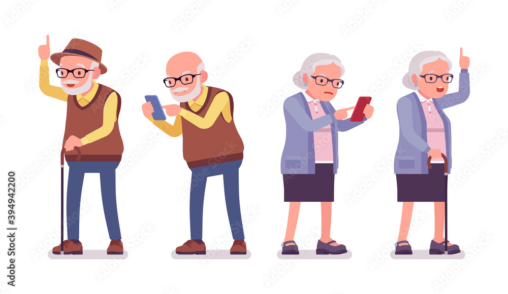 Old people, elderly man, woman with cane, mobile phone. Senior citizens, retired grandparents, old-age pensioners with disabilities. Vector flat style cartoon illustration isolated on white background Old people, elderly man, woman with cane, mobile phone. Senior citizens, retired grandparents, old-age pensioners with disabilities. Vector flat style cartoon illustration isolated on white background