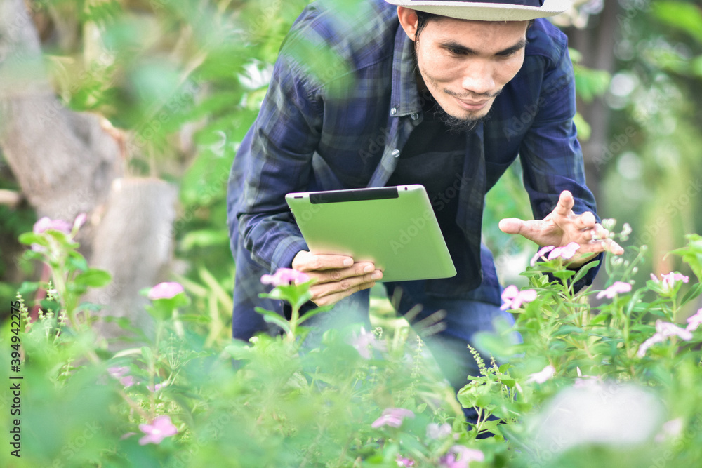 Asian man use tablet in farm are technology smart farmer Asian man use tablet in farm are technology smart farmer