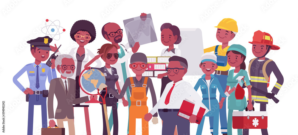 Black professional workers of different occupations and job. Group of people in management, office, banking, medicine, science career. Vector flat style cartoon illustration isolated, white background Black professional workers of different occupations and job. Group of people in management, office, banking, medicine, science career. Vector flat style cartoon illustration isolated, white background